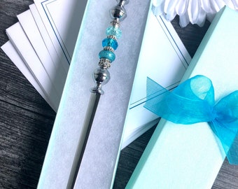 Letter Opener with Blue Glass and Metal Beads, Beaded Letter Opener, Desk Accessory, Gift for Mom, Teacher Gift, Office Letter Opener