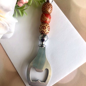 Bottle Opener with Wooden Orange and Red Beads, Beaded Bottle Opener, Beer Bottle Opener, Gift for Her, Beer Lover Gift, Bar Accessory