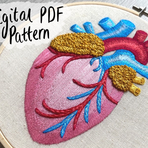 Anatomical Heart Embroidery Pattern - DIY Digital PDF Download. 3" 4" 5" and 6" Patterns Included. Heart Art, Anatomy Art, Embroidery Art