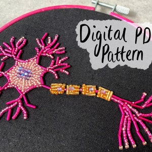 Neuron 6&quot; Beadwork Embroidery Anatomical Pattern - DIY Digital PDF Download. Neurology, Neurological, Brain Cell, Anatomy Art, Beading