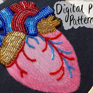 Half Embroidered Half Beaded Anatomical Heart Pattern - DIY Digital PDF Download. 3" 4" 5" and 6" Patterns Included. Heart Art, Anatomy Art