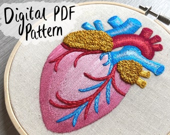 Anatomical Heart Embroidery Pattern - DIY Digital PDF Download. 3" 4" 5" and 6" Patterns Included. Heart Art, Anatomy Art, Embroidery Art