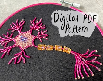 Neuron 6" Beadwork Embroidery Anatomical Pattern - DIY Digital PDF Download. Neurology, Neurological, Brain Cell, Anatomy Art, Beading