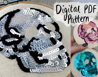 Sequin Skull Embroidery Pattern - DIY Digital PDF Download. 4" Pattern. Anatomy Art, Sequins, Skeleton, Bones, Anatomical, Cranium, Skeletal