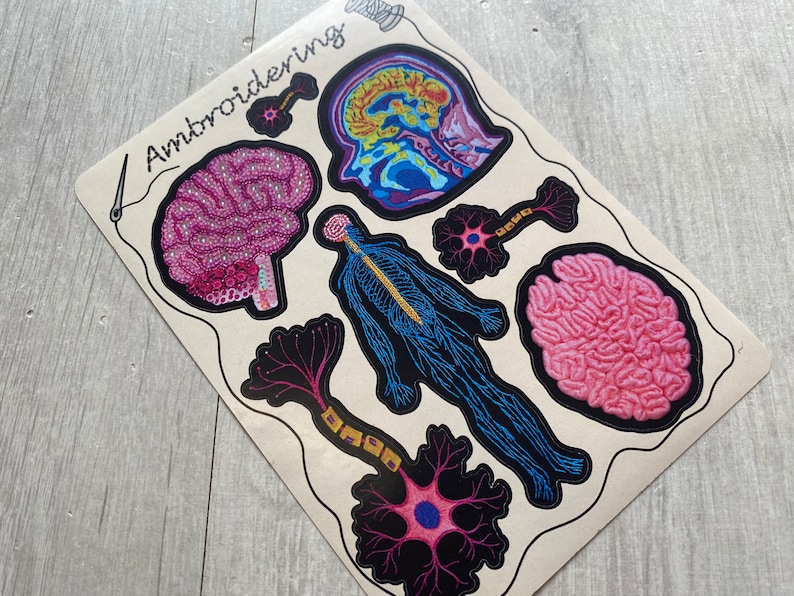 Puede incluir: Un conjunto de parches bordados para planchar que presentan ilustraciones anat&oacute;micas del cerebro, el sistema nervioso y las neuronas. Los parches est&aacute;n sobre un fondo beige con la palabra "Embroidering" escrita en negro.