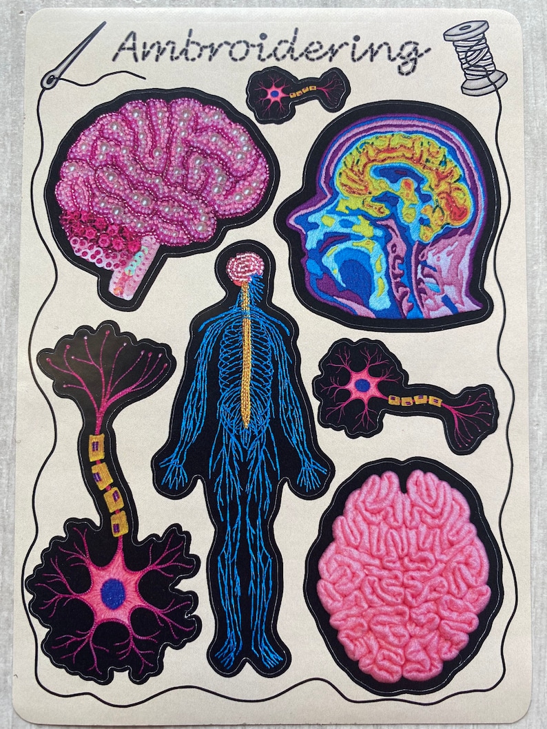 Puede incluir: Parches bordados del cerebro humano, el sistema nervioso y otros &oacute;rganos. Los parches son de color rosa, azul, amarillo y negro. El texto "Embroidering" est&aacute; en la parte superior de la imagen.