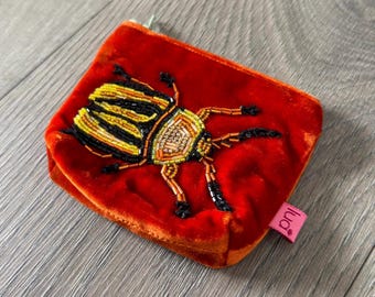 Orange and Black Leaf Beetle Beaded Embroidery Coin Purse
