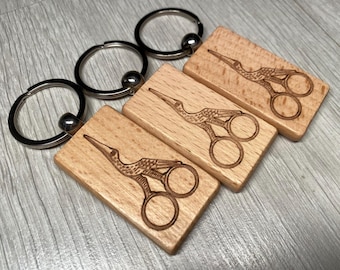 Embroidery Scissors Wooden Keychain, Laser Etched. Stork, Keyring, Craft, Crafters Gift