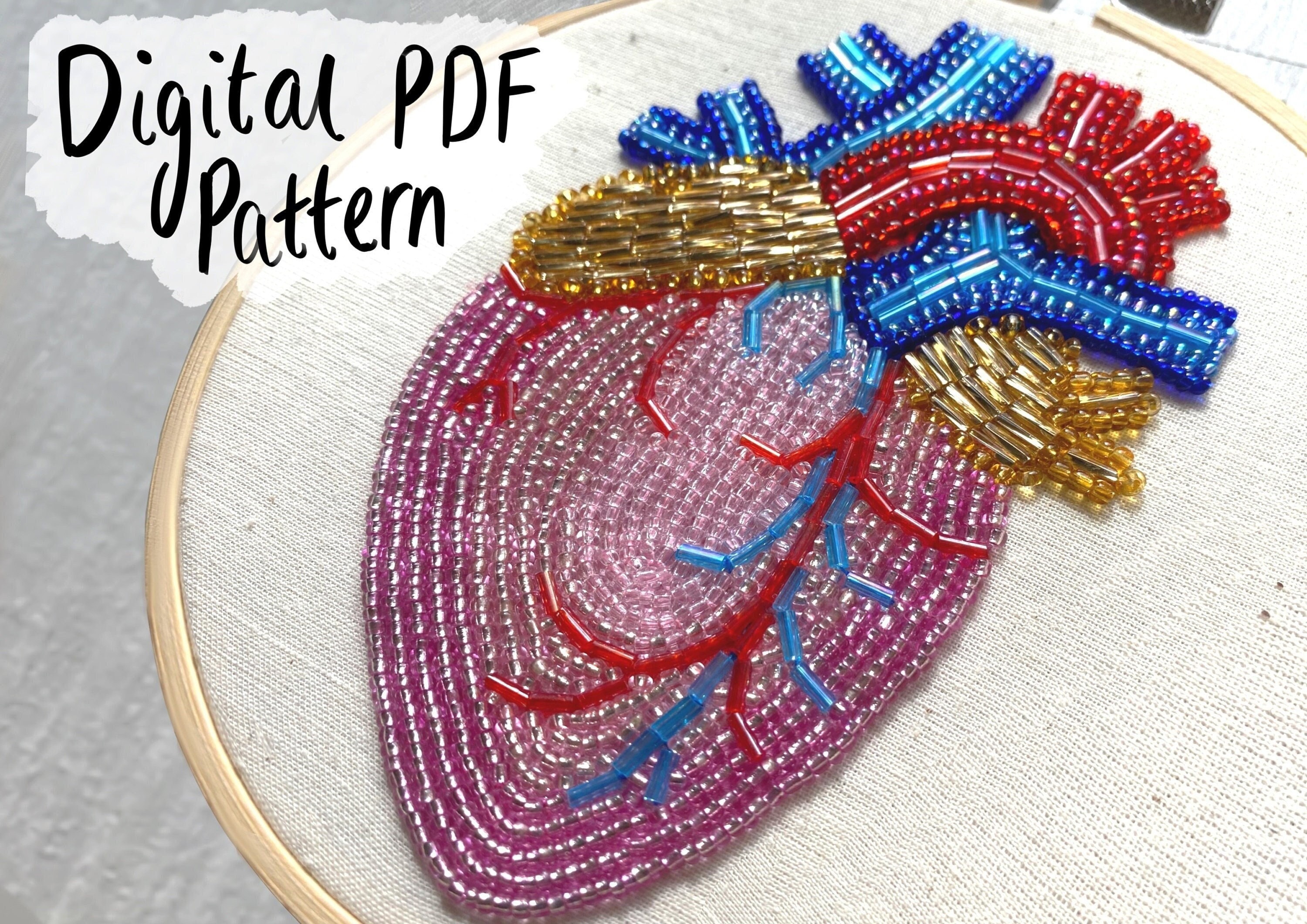 Beadwork Embroidery Anatomical Heart Pattern - DIY Digital
