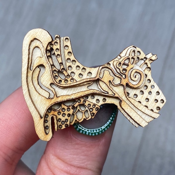 Ear. Anatomical Wooden Pin Badge Brooch. Laser Cut, Birch, Anatomy, Inner Ear, Cochlea, Aural