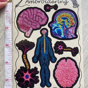 Puede incluir: Parches bordados para planchar con diferentes ilustraciones anat&oacute;micas del cerebro y el sistema nervioso. Los parches est&aacute;n sobre un fondo beige con la palabra "Embroidering" escrita en cursiva negra.