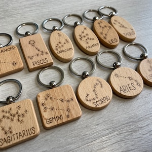 Op de afbeelding: Twaalf houten sleutelhangers met gegraveerde sterrenbeelden. Elke sleutelhanger heeft een ander sterrenbeeld, waaronder Kreeft, Vissen, Steenbok, Waterman, Leeuw, Stier, Weegschaal, Ram, Schorpioen, Tweelingen en Boogschutter.
