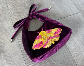 Rosy Maple Moth Beaded Embroidery Velvet Bag