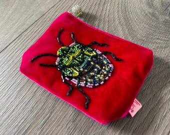 Green Stink Bug Beaded Embroidery Coin Purse
