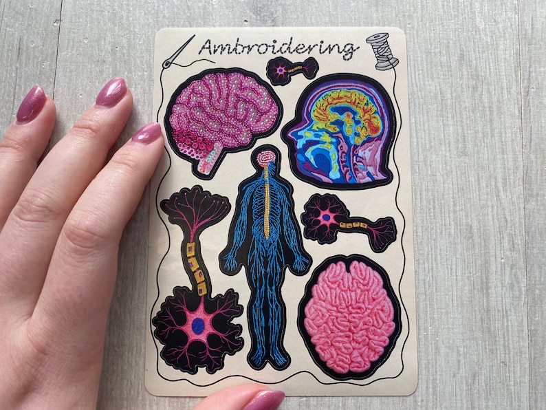 Puede incluir: Un conjunto de parches para planchar que presentan ilustraciones anat&oacute;micas del cerebro, el sistema nervioso y las neuronas. Los parches son de color rosa, azul y amarillo con contornos negros. El texto "Embroidering" est&aacute; escrito en la tarjeta.