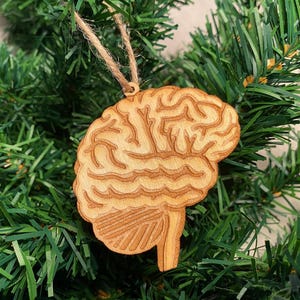 May include: A wooden brain ornament with a detailed design, hanging on a green artificial Christmas tree.