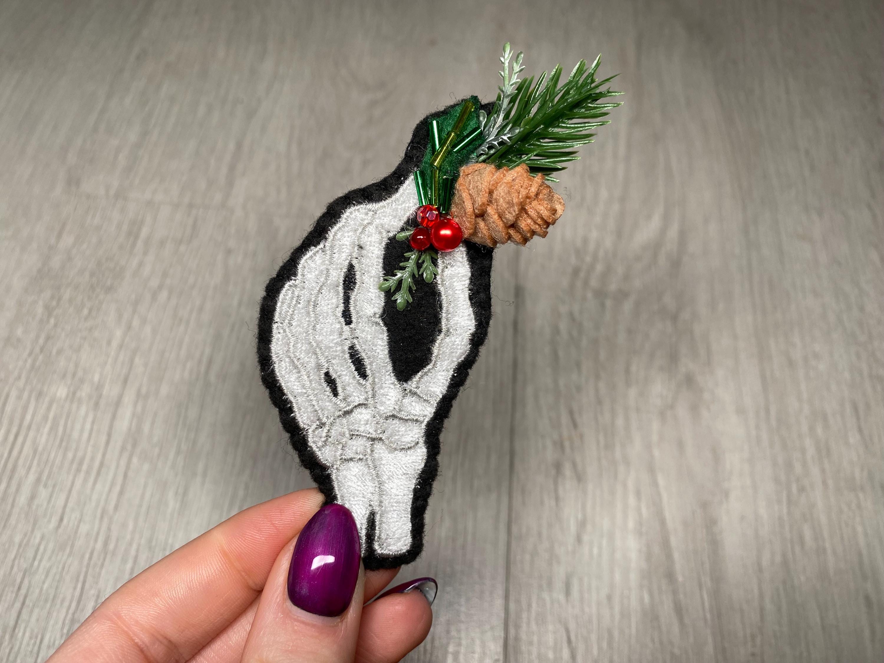 Festive Foliage Skeleton Hand Brooch - Etsy