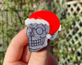 Santa Skull Laser Cut Christmas Pin Badge. Bones, Skeleton, Anatomy, Acrylic, Fun, Weird, etc