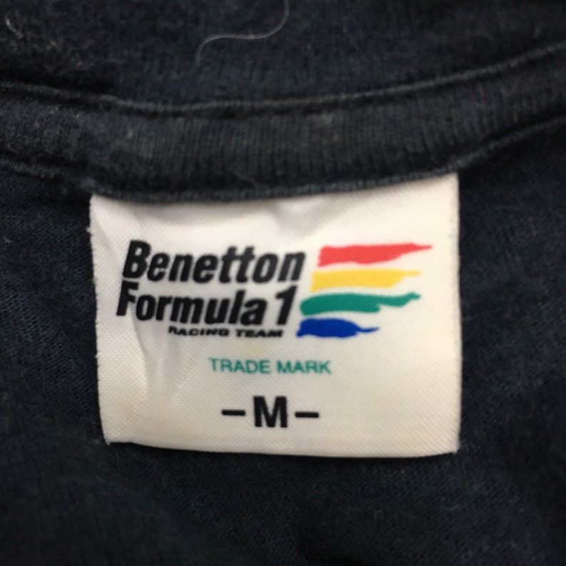Vtg BENETTON FORMULA 1 Racing Team Round Neck Tee Shirt Spell Out Streetwear Clothing