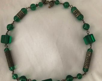 Antique Green Glass and Sterling Bead Necklace