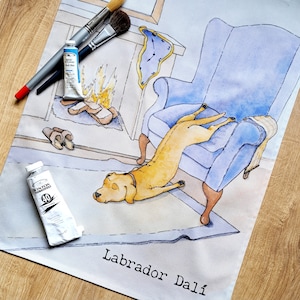 May include: A watercolour painting of a Labrador Retriever dog sleeping under a blue armchair. The dog is brown and white and the armchair is in a living room setting with a fireplace and a clock on the wall. The painting is titled "Labrador Dali".