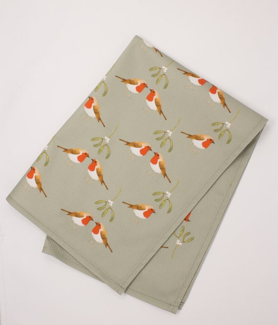 Robin & Mistletoe Christmas tea towel