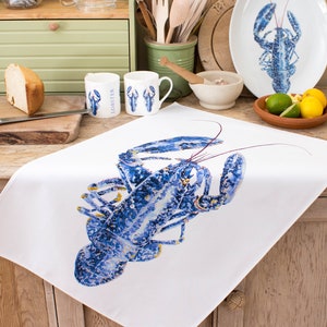 Tea towel; blue lobster cotton tea towel UK