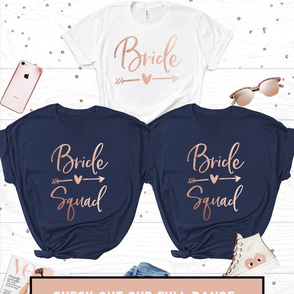 Bride and Bride Squad Navy / | en or rose Mariée & demoiselle d’honneur enterrement de vie de jeune fille T Shirt tops Hen Do Vêtements