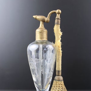 Art Deco floral etched glass perfume atomizer bottle.
