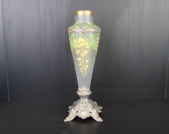 Art Nouveau thick glass large enamel painted floral vase by  François-Théodore Legras.