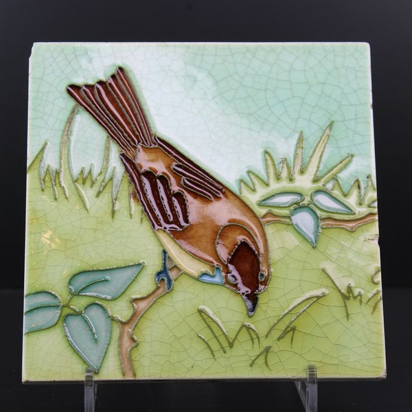 Art Nouveau majolica floral bird wall tile by Hemiksem