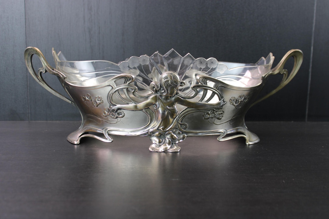 Art Nouveau Silver Plated Floral Lady Centerpiece Flower Dish by