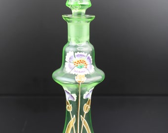 Jugendstil Uranglas florale Emaille bemalte kleine Flasche Karaffe.