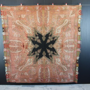 Antique Victorian embroidered Kashmir paisley Pashmina shawl.