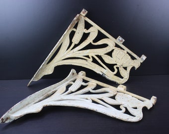 Art Nouveau rare pair of cast iron large floral wall brackets,