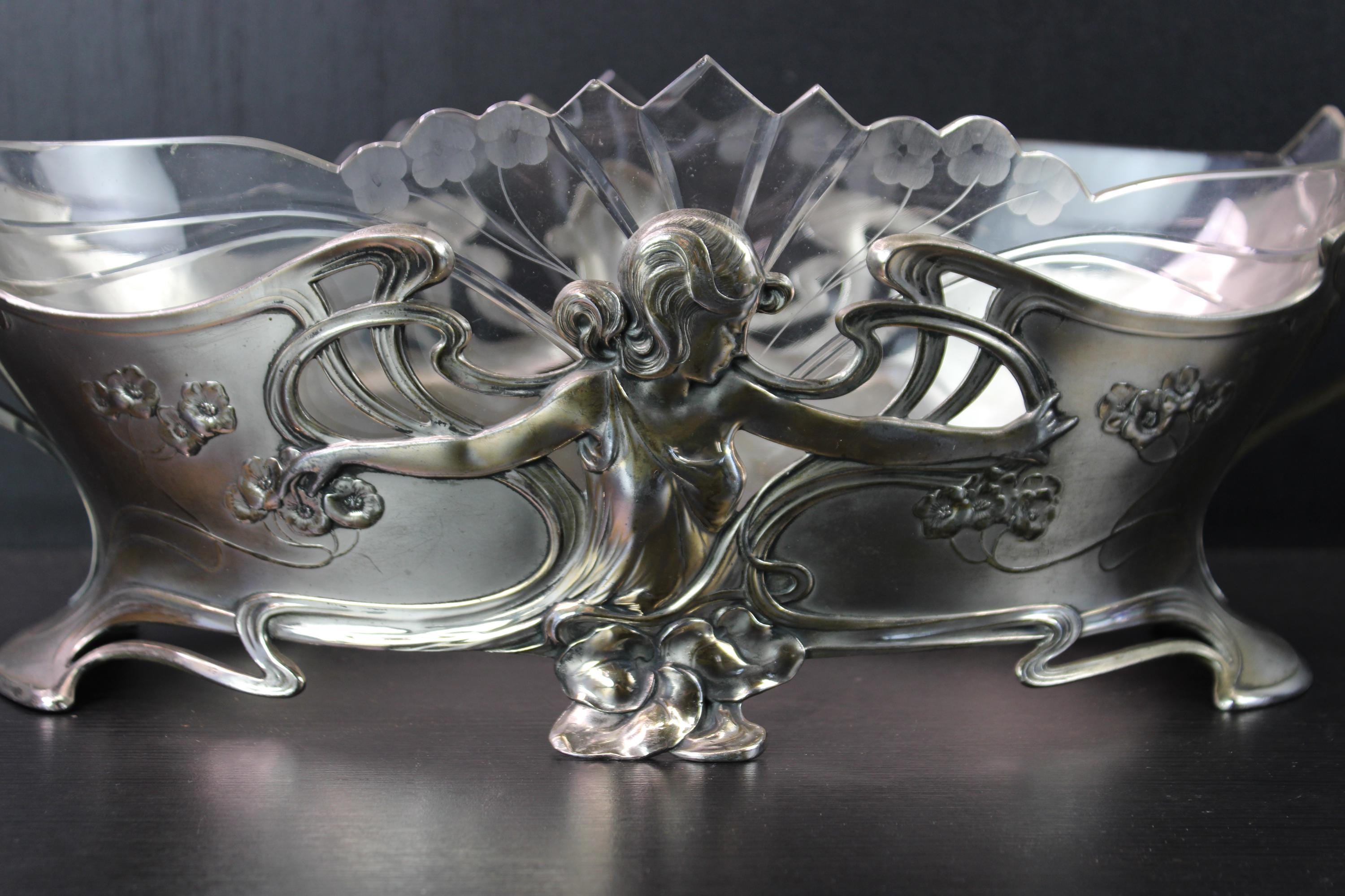 Art Nouveau Silver Plated Floral Lady Centerpiece Flower Dish by