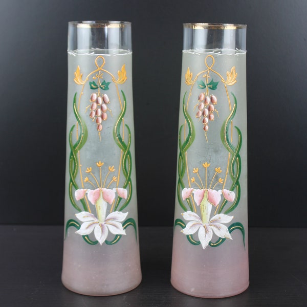 Art Nouveau pair of enamel painted on glass vases.