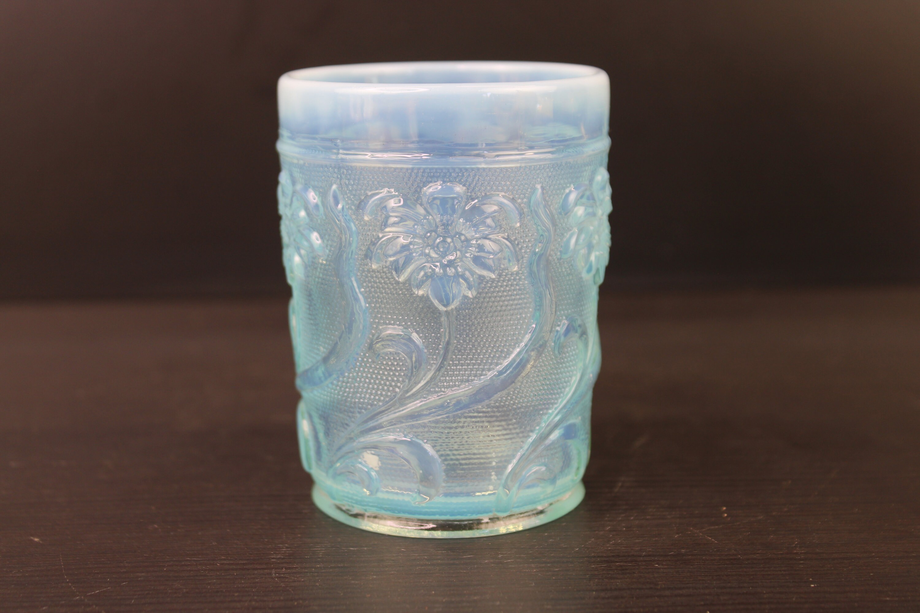 Art Deco French floral blue pressed glass cup.