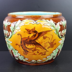 Art Nouveau earthenware majolica barbotine flower pot planter by Orchies France