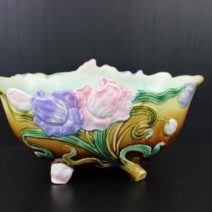 Vintage Art Nouveau Floral Majolica Barbotine Flower Pot - Decorative Jardiniere