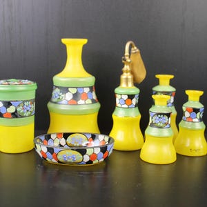 Art Deco glass enamel painted vanity set.