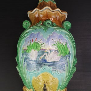 Art Nouveau large earthenware majolica floral wall fountain.