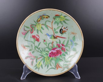 Antique Chinese porcelain famille rose celadon floral bird butterfly plate.