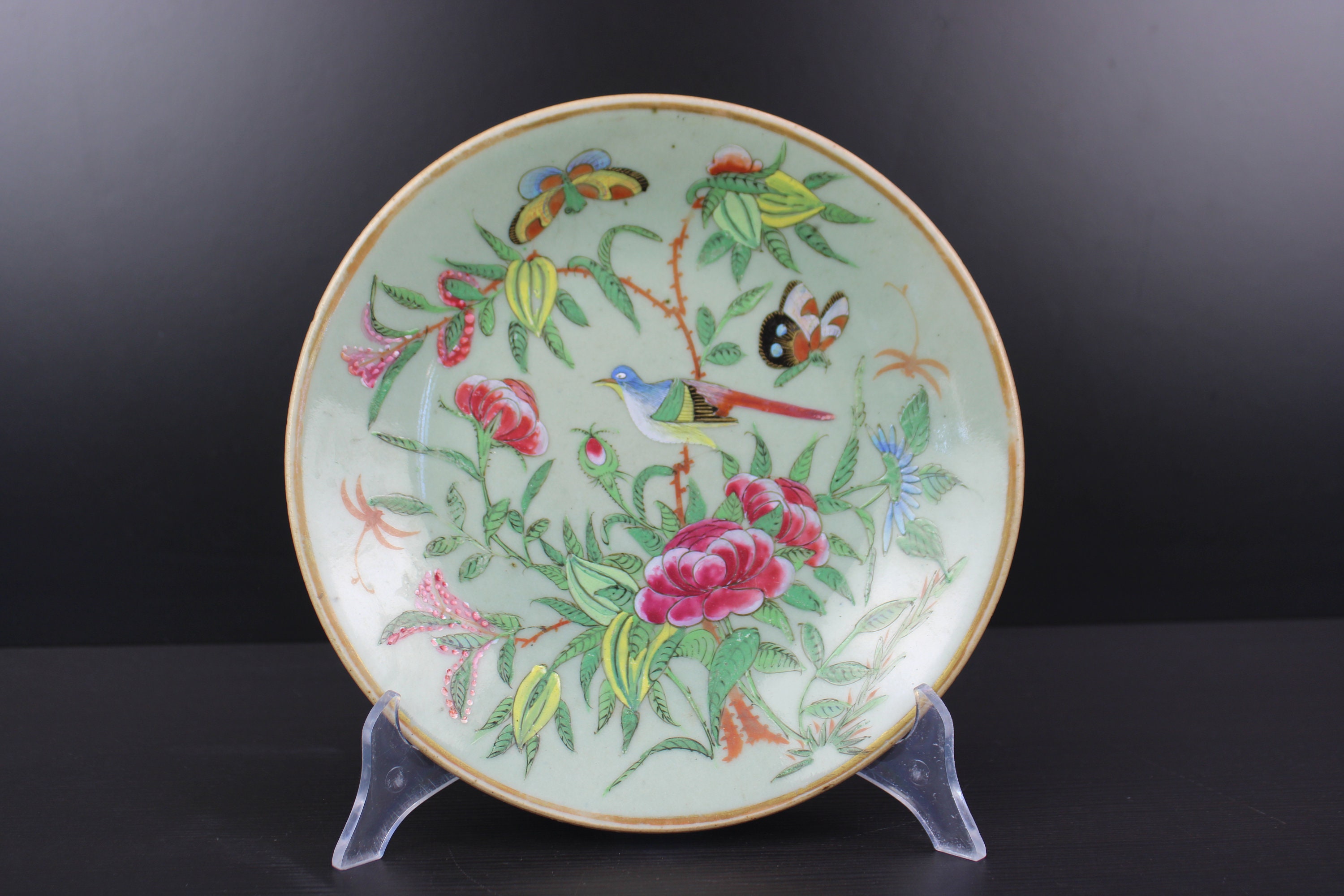 Antique Chinese Porcelain Famille Rose Celadon Floral Bird