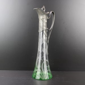 Art Nouveau large etched floral green glass decanter jug carafe by WMF.