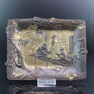 Antique Chinese gilt painted pewter tray dish.