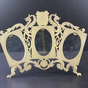 Antique Victorian engraved brass three way photo picture frame.