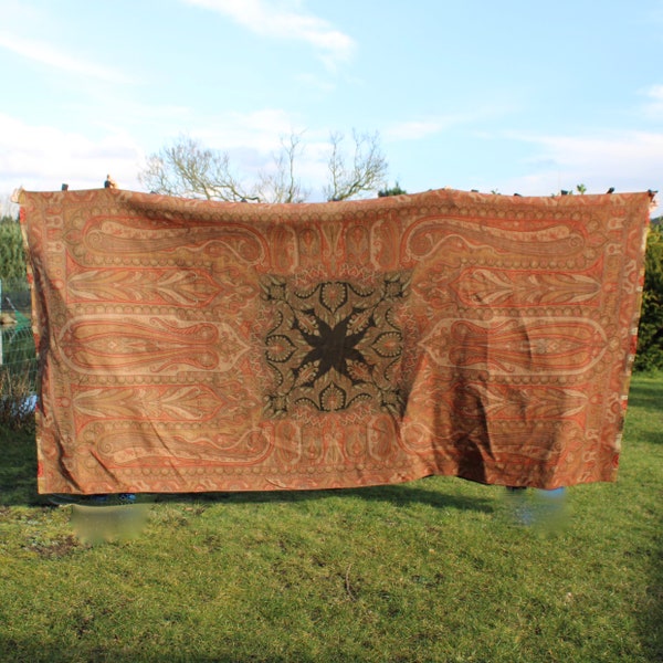 Antique Victorian large wool embroidered Kashmir paisley shawl.