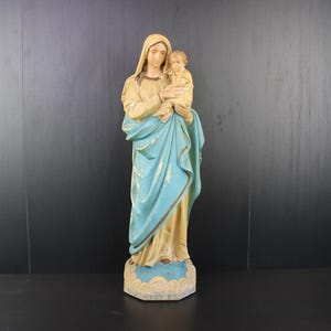 Antique large religious Virgin Mary Jesus chalk ware figurine statue.