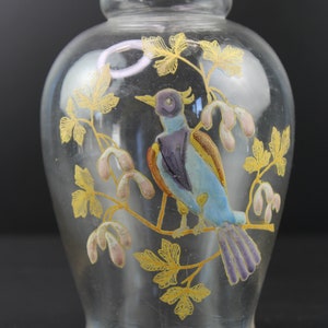 Art Nouveau enamel painted bird on glass decanter carafe by François-Théodore Legras